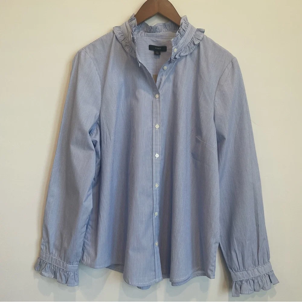 J. Crew Women's Blue and White Stripe Ruffle Button Down Shirt - Picture 3 of 9